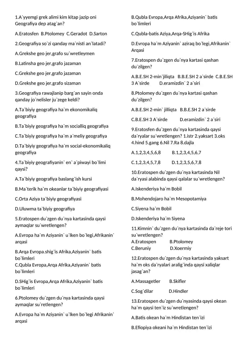 Geografiya Test Savol javoblari 1