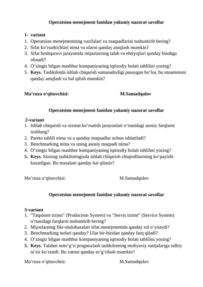 Operatsion menejment fanidan yakuniy nazorat savollar 1