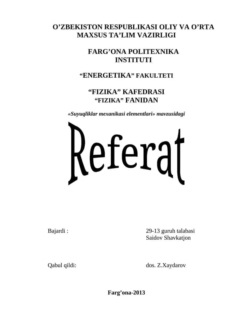 Suyuqliklar mexanikasi elementlari 1
