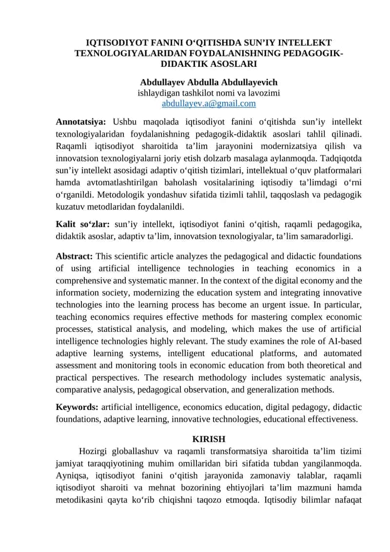 IQTISODIYOT FANINI OʻQITISHDA SUNʼIY INTELLEKT TEXNOLOGIYALARIDAN FOYDALANISHNING PEDAGOGIK-DIDAKTIK ASOSLARI 1