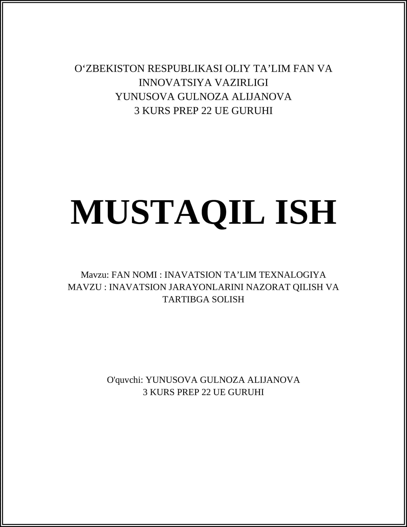 INAVATSION JARAYONLARINI NAZORAT QILISH VA TARTIBGA SOLISH 1