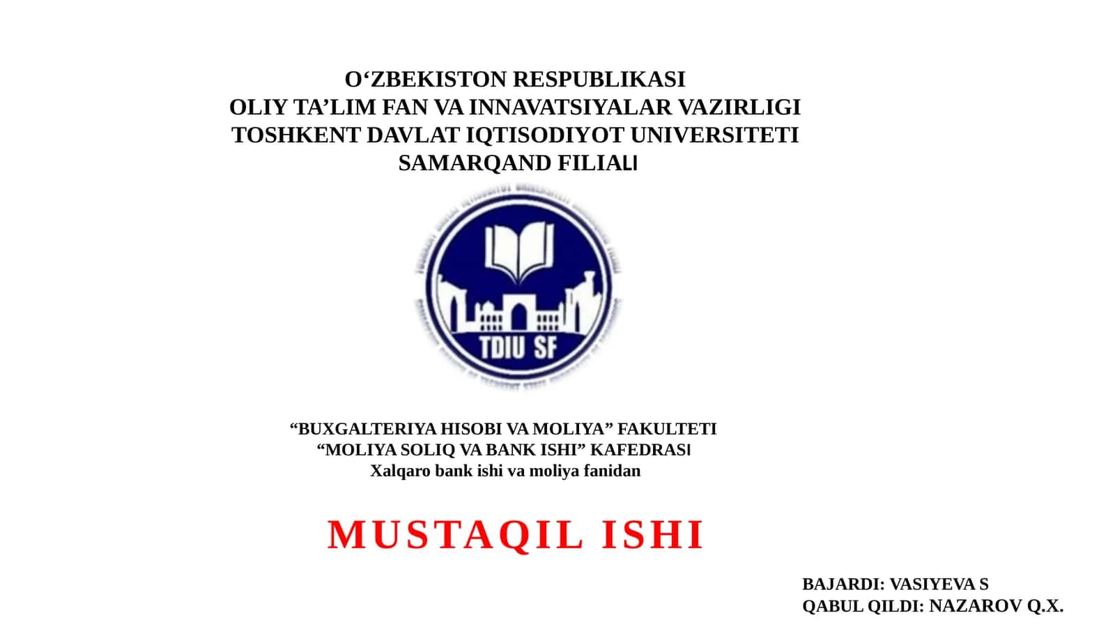 Xalqarobank ishi va moliya fanidan 1