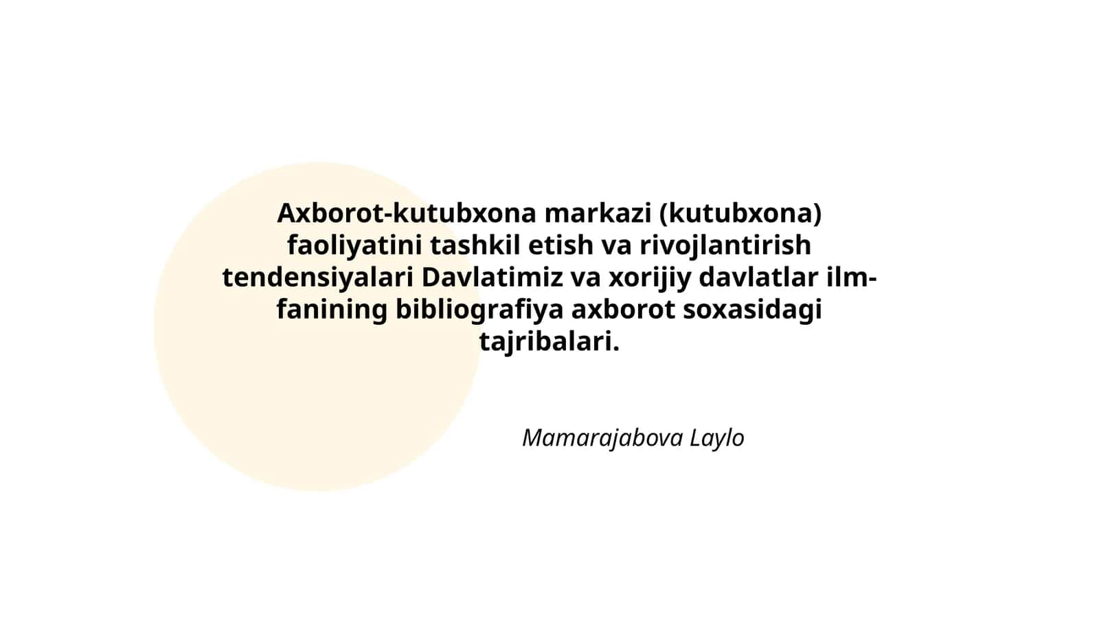 Axborot-kutubxona markazi (kutubxona) faoliyatini tashkil etish va rivojlantirish tendensiyalari Davlatimiz va xorijiy davlatlar ilm-fanining bibliografiya axborot soxasidagi tajribalari 1