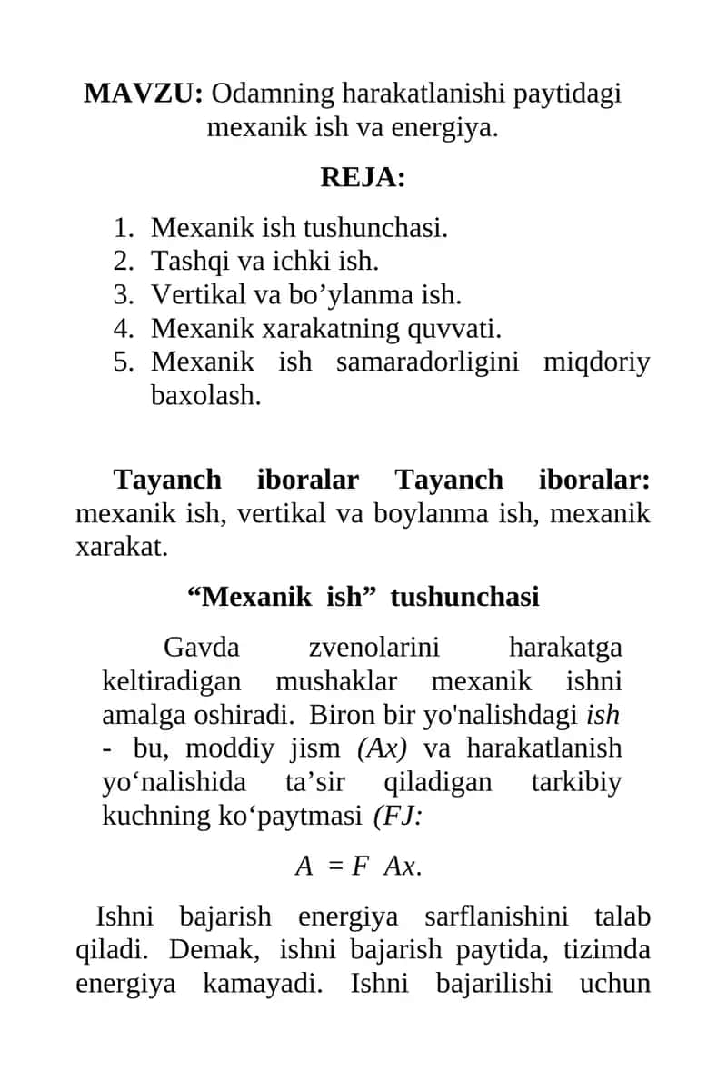Mushaklar biodinamikasi. Mushak to'qimasining xususiyatlari. 1
