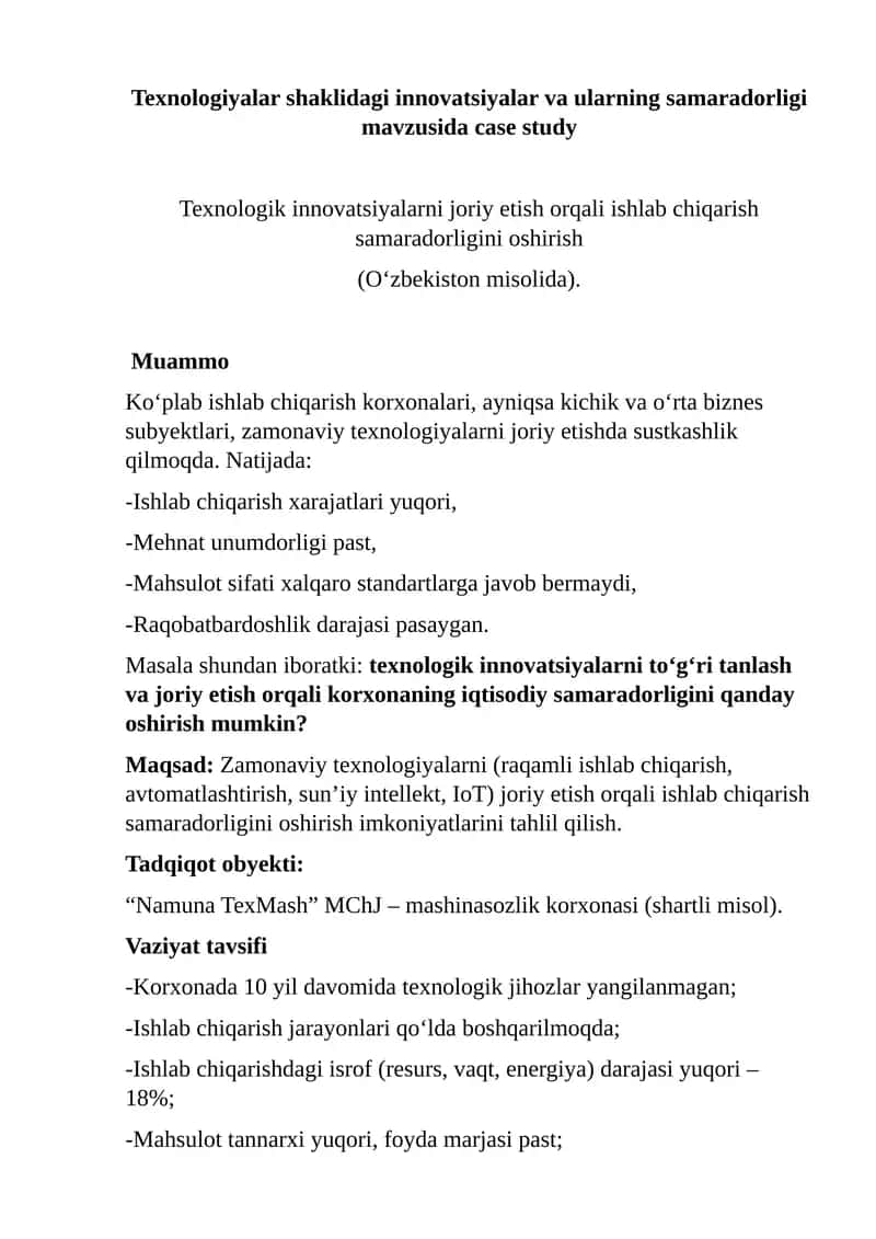 case study Texnologiyalar shaklidagi innovatsiyalar va ularning samaradorligi 1