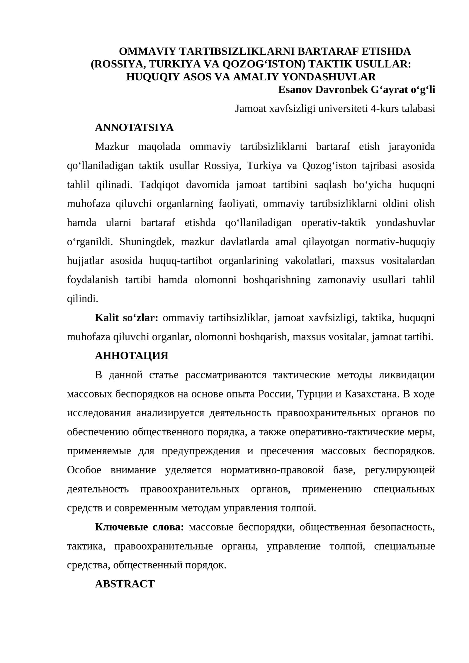 OMMAVIY TARTIBSIZLIKLARNI BARTARAF ETISHDA (ROSSIYA, TURKIYA VA QOZOG‘ISTON) TAKTIK USULLAR: HUQUQIY ASOS VA AMALIY YONDASHUVLAR 1