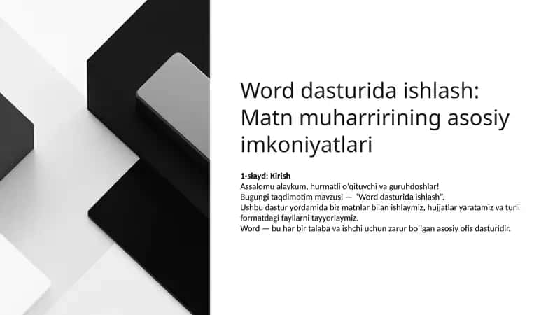 Word dasturida ishlash Matn muharririning asosiy imkoniyatlari 1