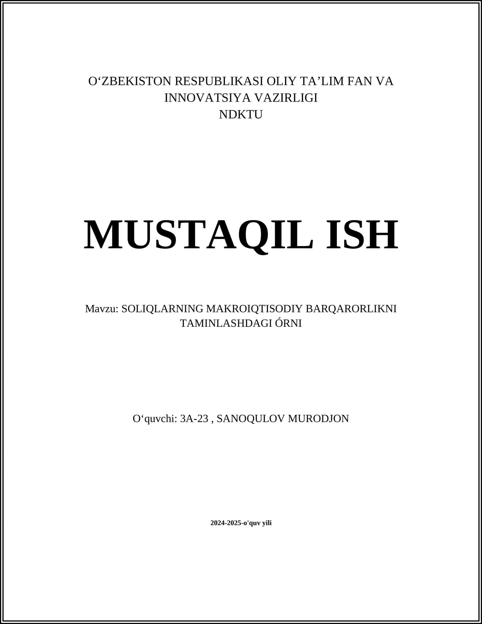 SOLIQLARNING MAKROIQTISODIY BARQARORLIKNI TAMINLASHDAGI ÓRNI 1