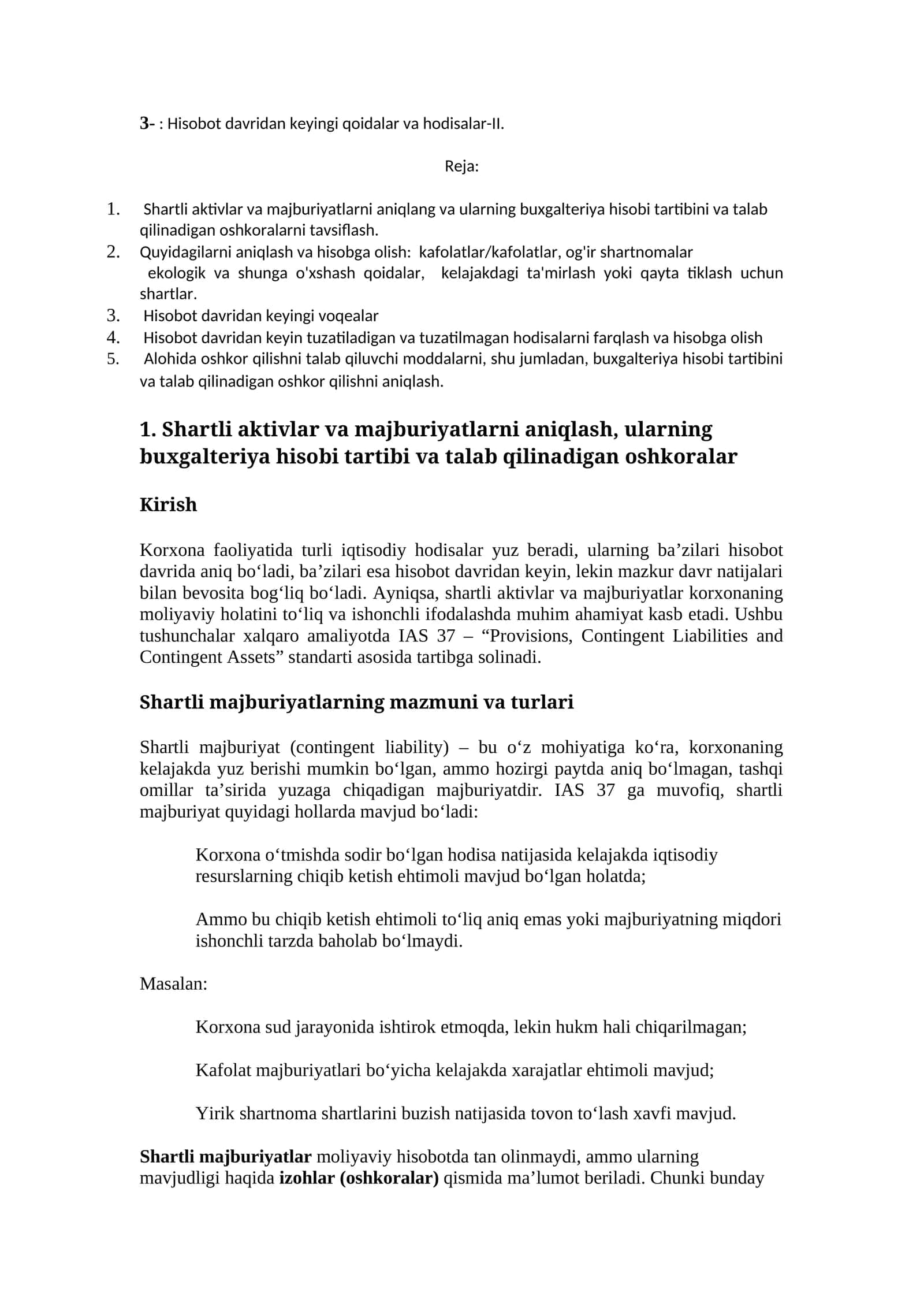 Hisobot davridan keyingi qoidalar va hodisalar-II 1