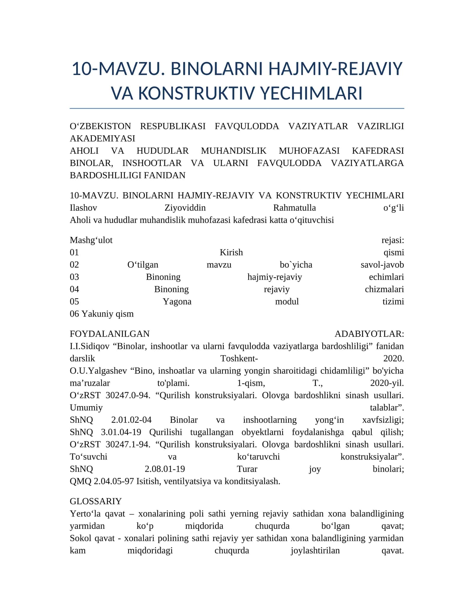 BINOLARNI HAJMIY-REJAVIY VA KONSTRUKTIV YECHIMLARI 1