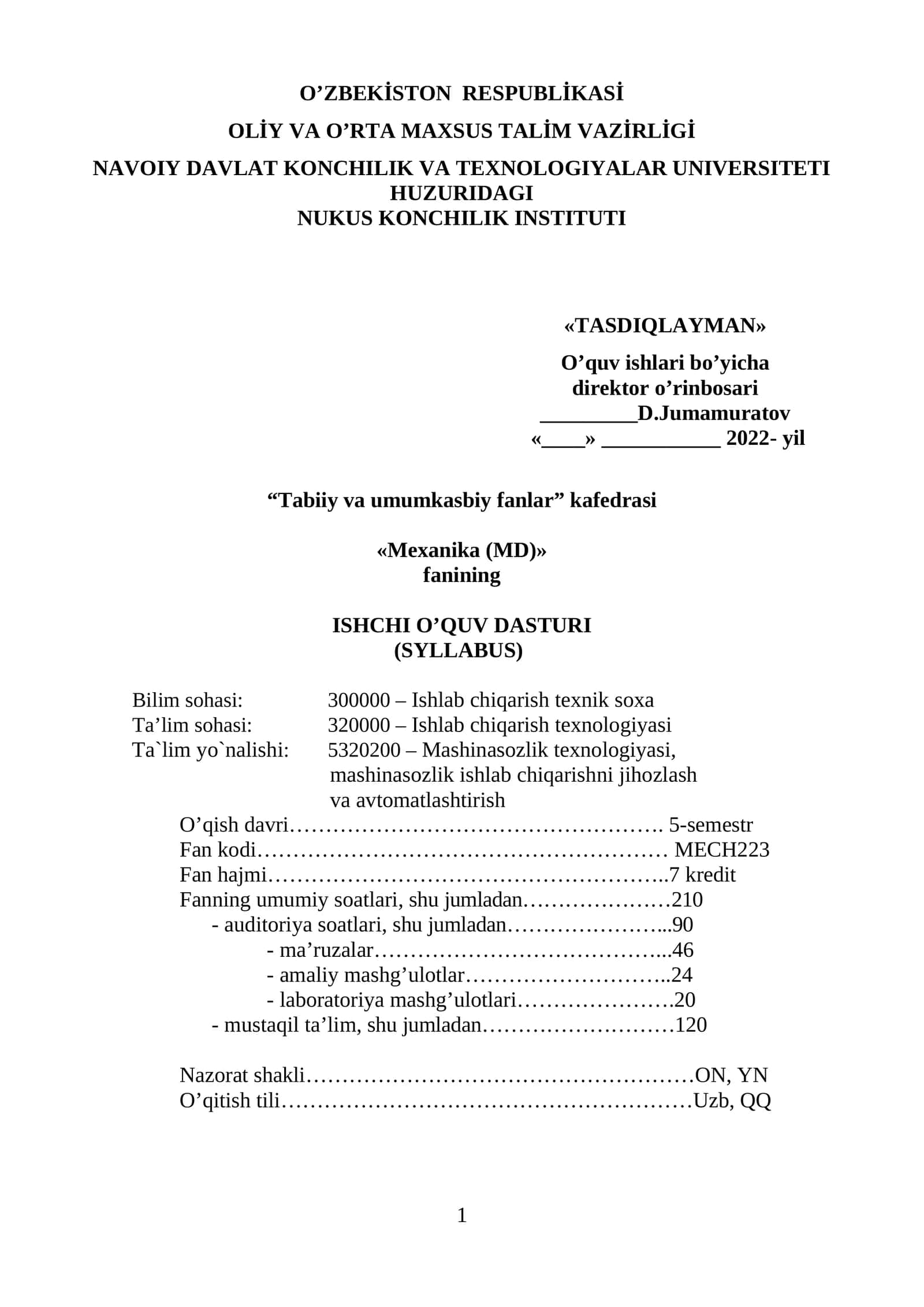 Mexanika (MD) fanining ISHCHI O’QUV DASTURI (SYLLABUS) 1