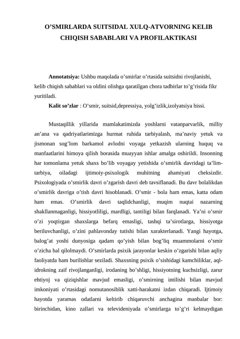 O'Smirlarda Suitsidal Xulq-Atvorning Kelib Chiqish Sabablari va Profilaktikasi 1