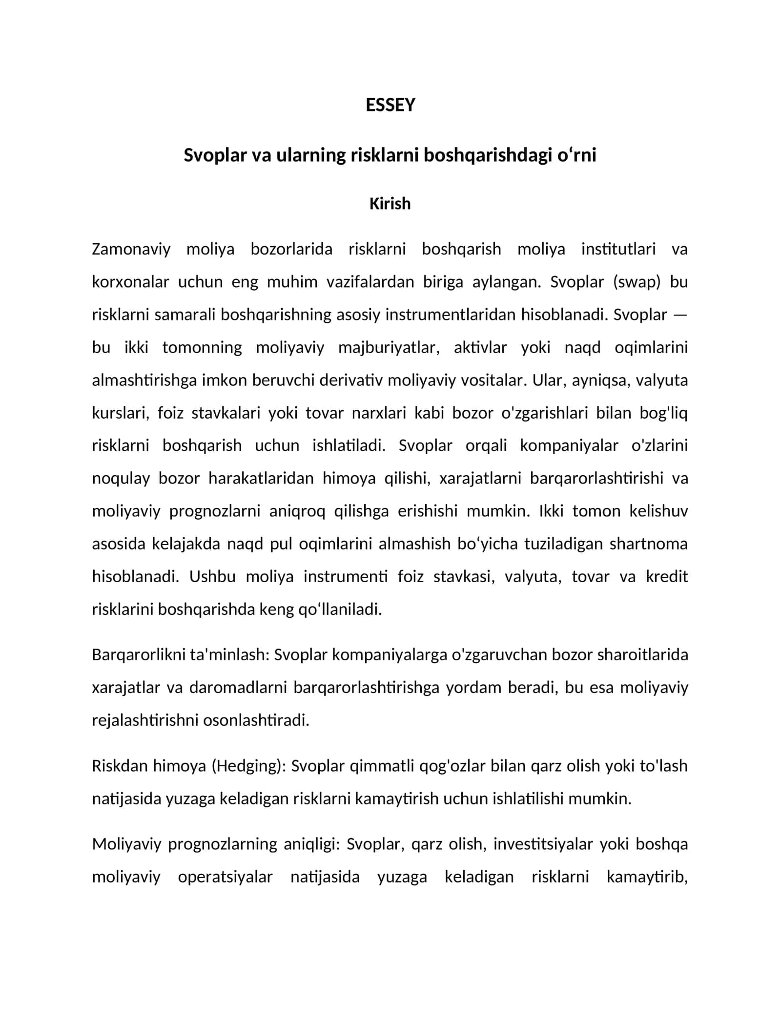Svoplar va ularning risklarni boshqarishdagi o‘rni 1