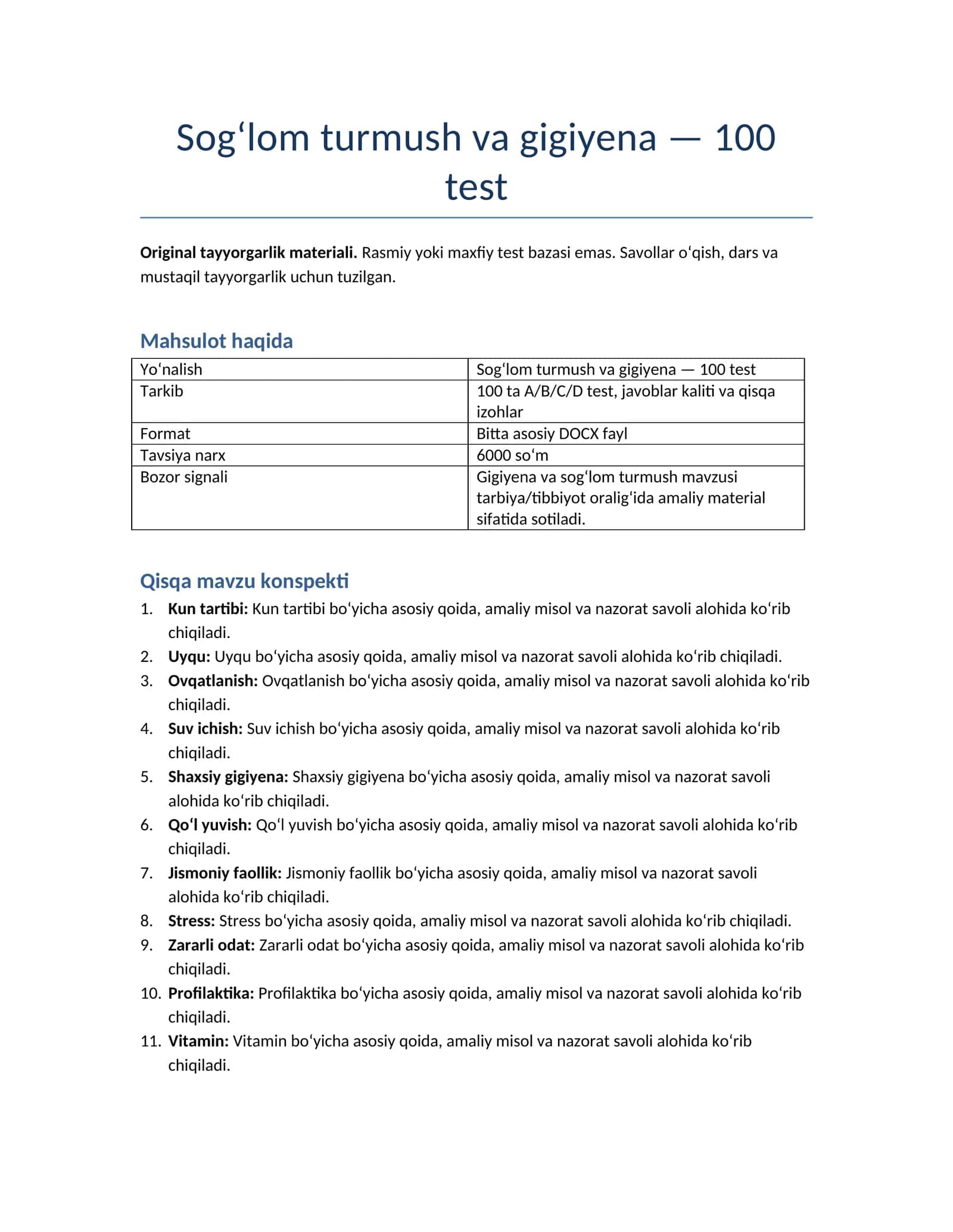 Sog‘lom turmush va gigiyena — 100 test 1