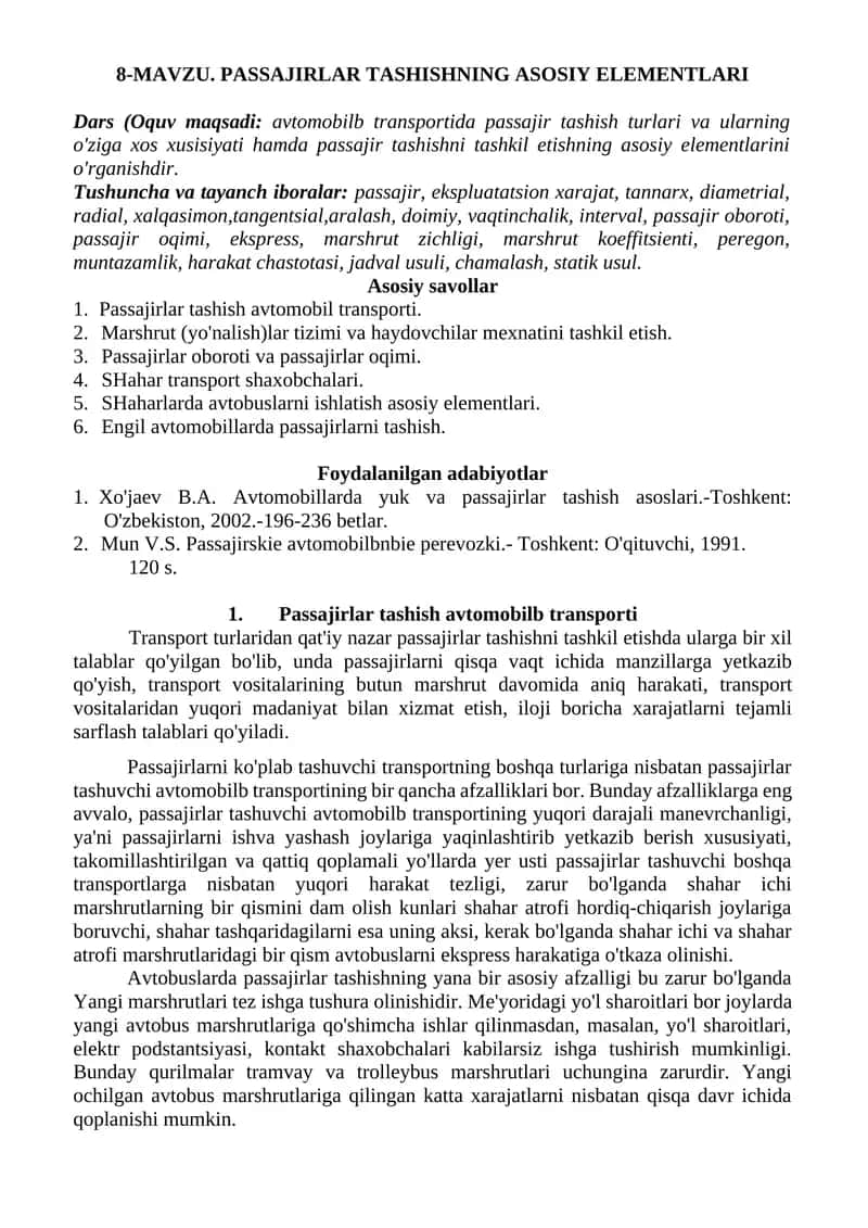PASSAJIRLAR TASHISHNING ASOSIY ELEMENTLARI 1