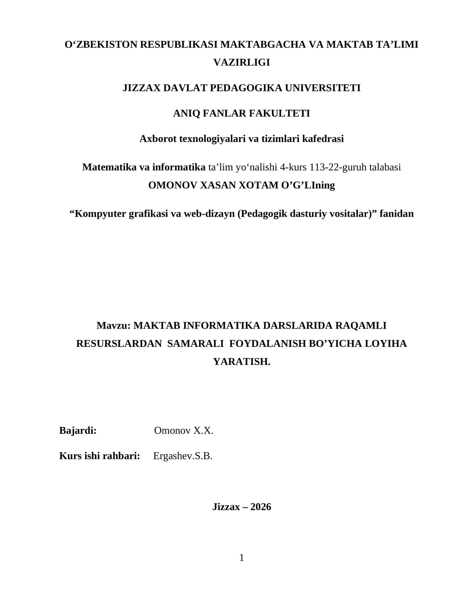 MAKTAB INFORMATIKA DARSLARIDA RAQAMLI RESURSLARDAN SAMARALI FOYDALANISH BO’YICHA LOYIHA YARATISH 1