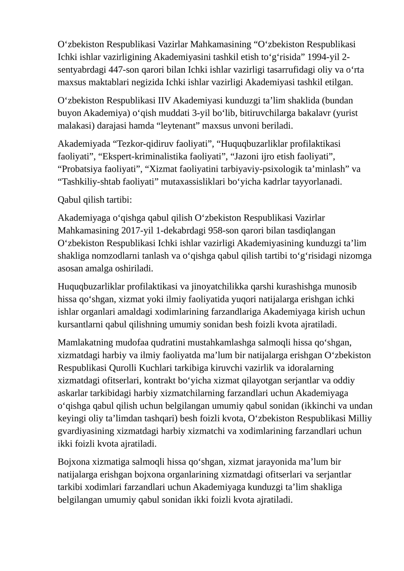 IIV Akademiyaga oʻqishga qabul qilish shartlari 1