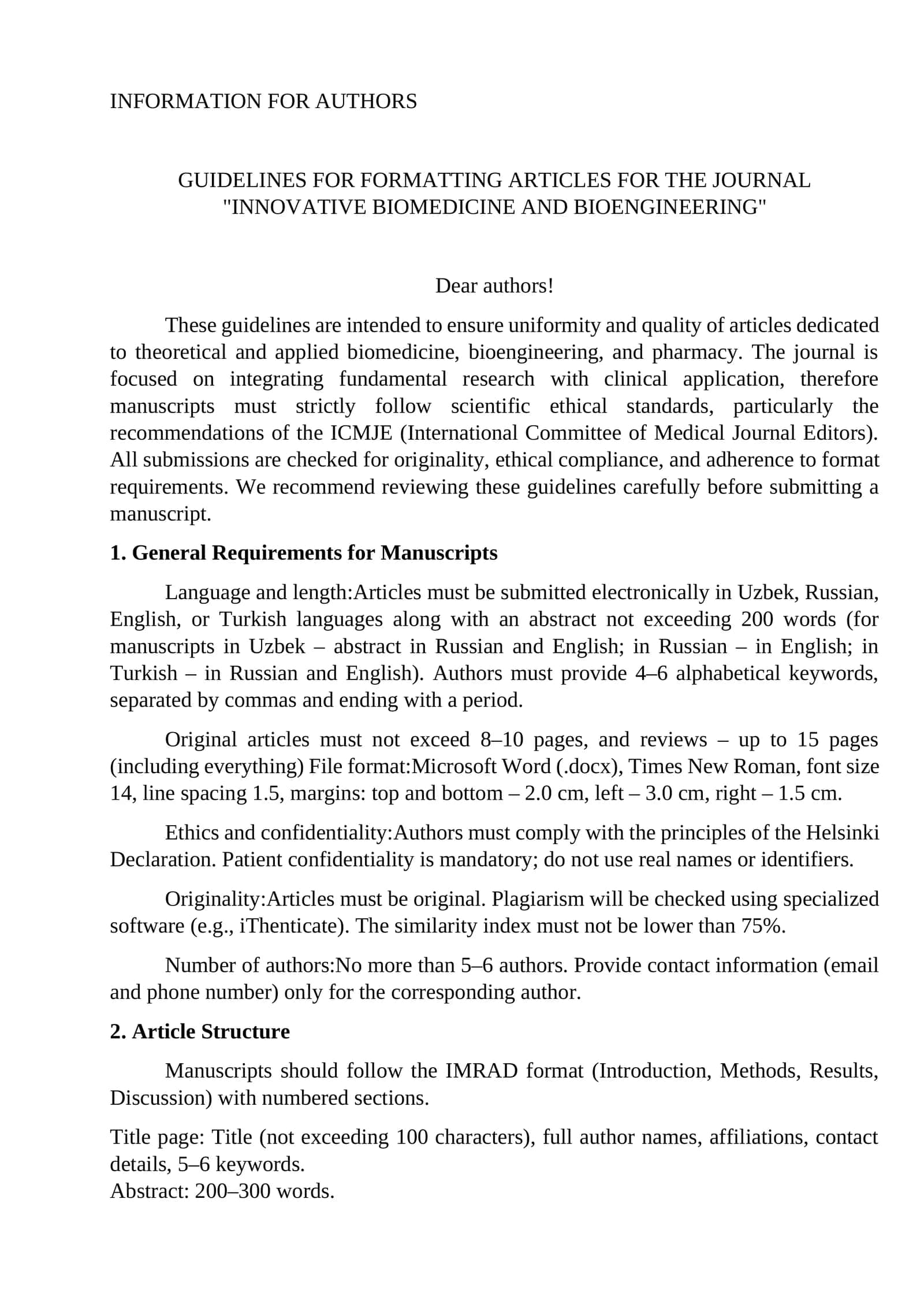 GUIDELINES FOR FORMATTING ARTICLES FOR THE JOURNAL "INNOVATIVE BIOMEDICINE AND BIOENGINEERING" 1