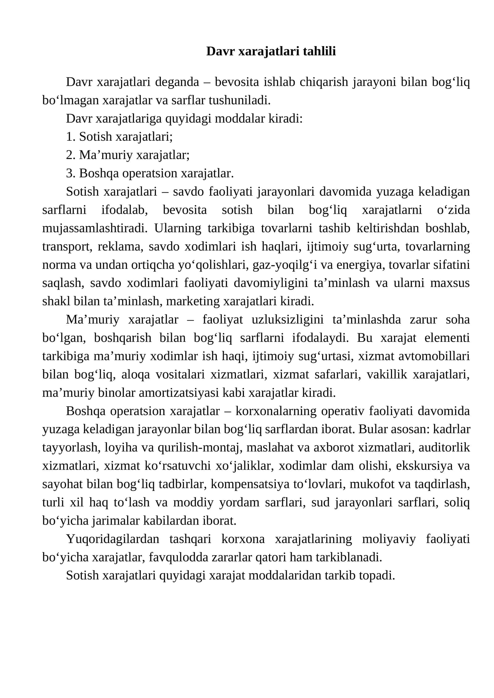 Davr xarajatlari tahlili 1