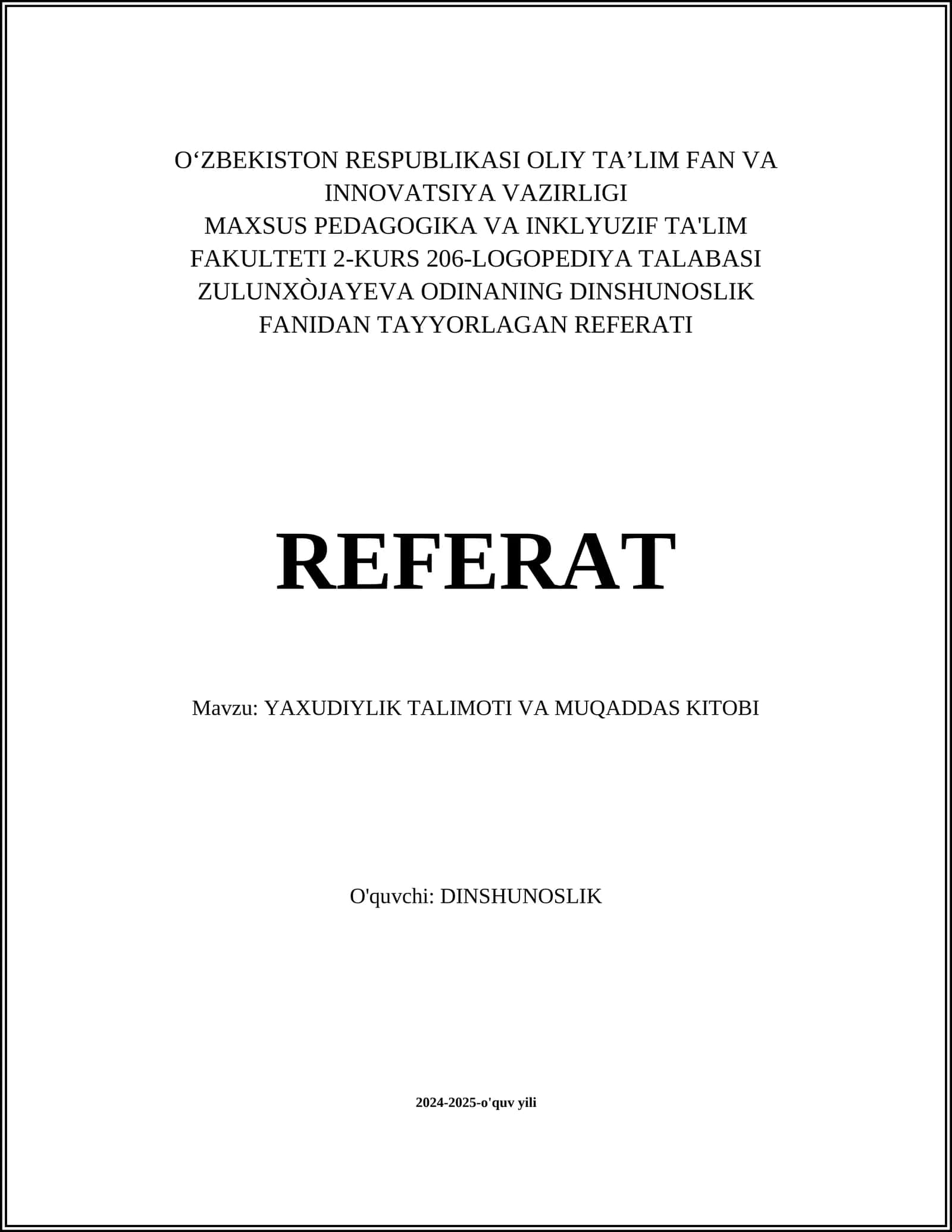 YAXUDIYLIK TALIMOTI VA MUQADDAS KITOBI 1