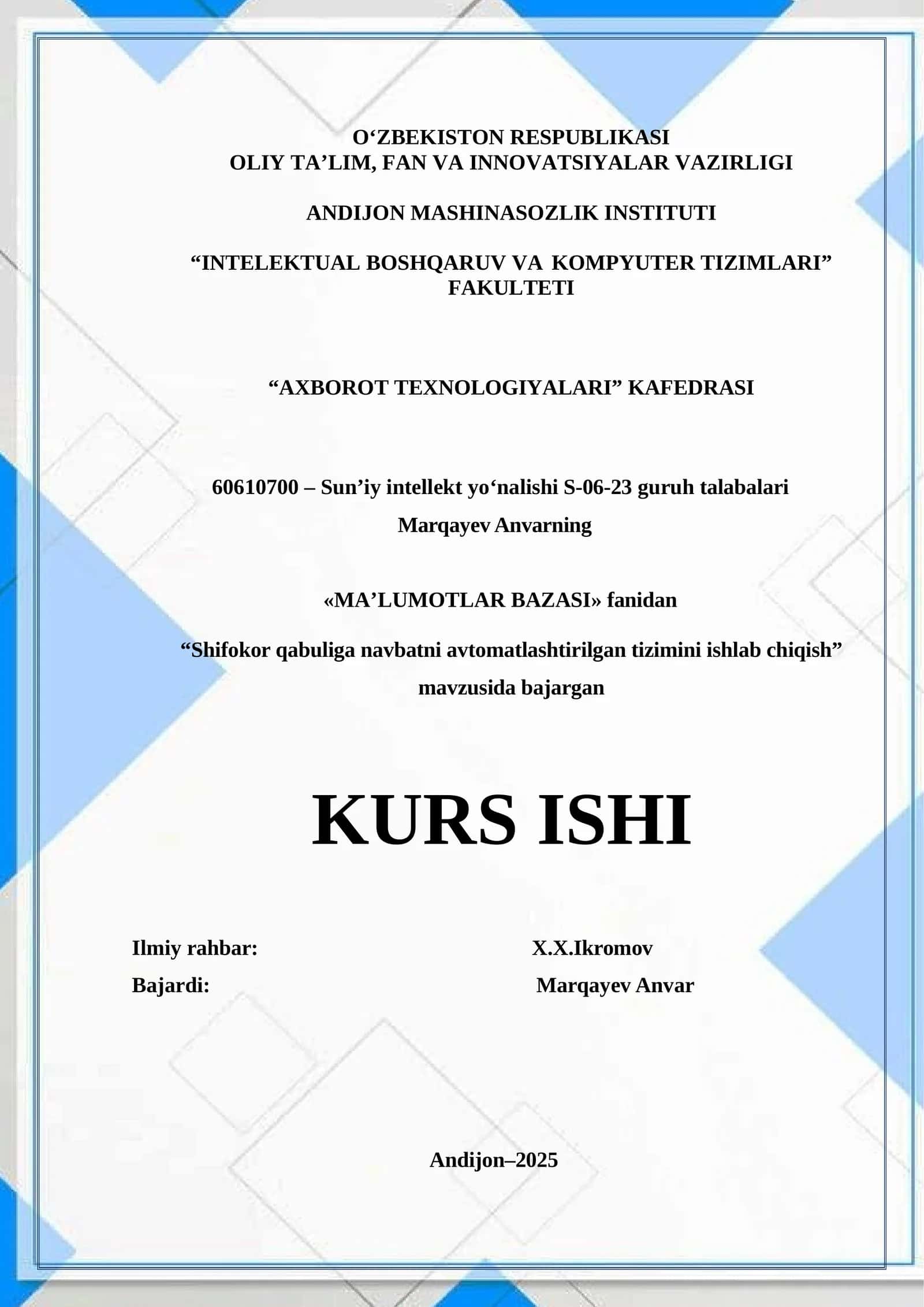 Shifokor qabuliga navbatni avtomatlashtirilgan tizimini ishlab chiqish 1