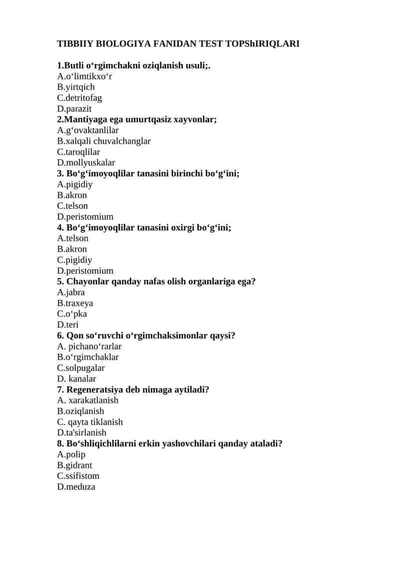 TIBBIIY BIOLOGIYA FANIDAN TEST TOPShIRIQLARI 1