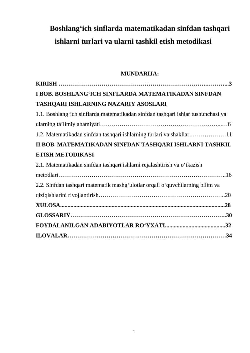 Boshlang‘ich sinflarda matematikadan sinfdan tashqari ishlarni turlari va ularni tashkil etish metodikasi 1