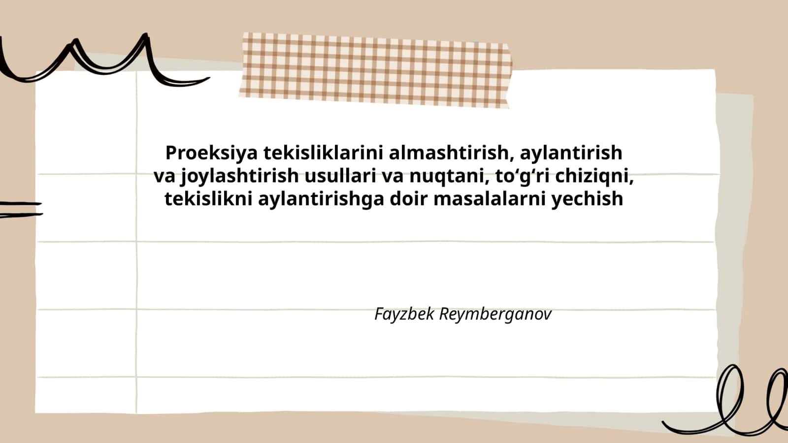 Proeksiya tekisliklarini almashtirish, aylantirish va joylashtirish usullari va nuqtani, toʻgʻri chiziqni, tekislikni aylantirishga doir masalalarni yechish 1