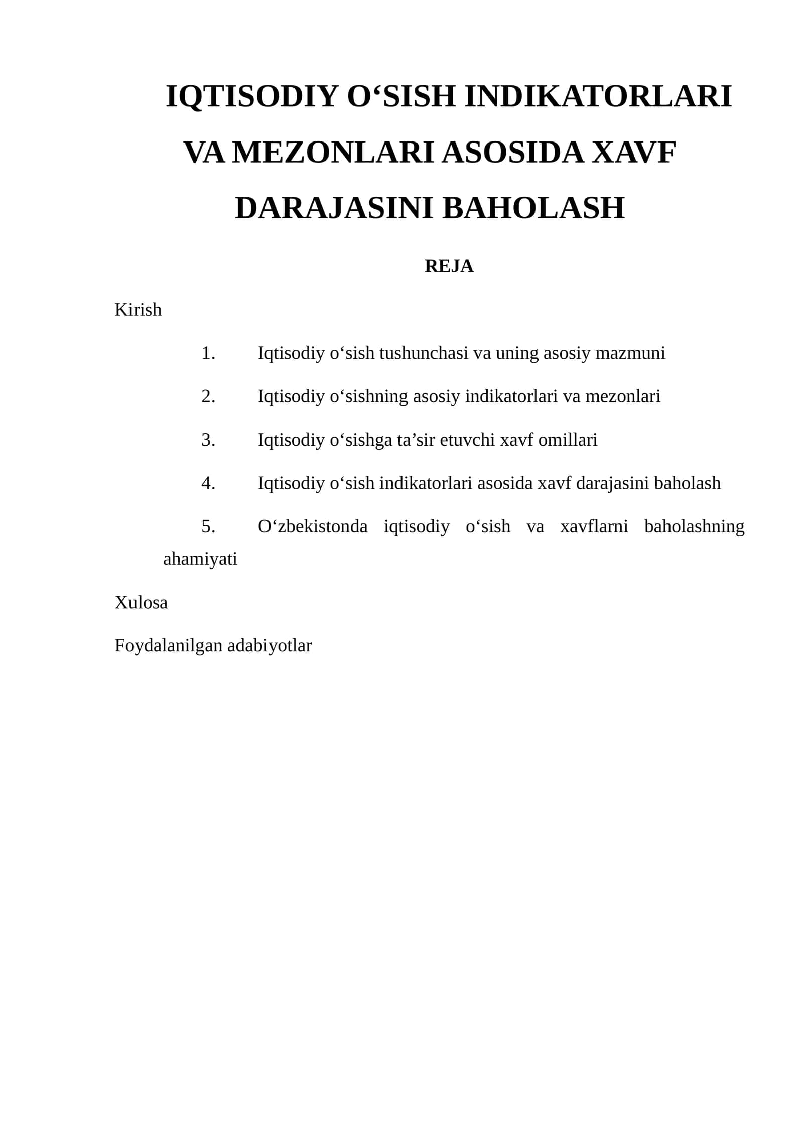 IQTISODIY O‘SISH INDIKATORLARI VA MEZONLARI ASOSIDA XAVF DARAJASINI BAHOLASH 1