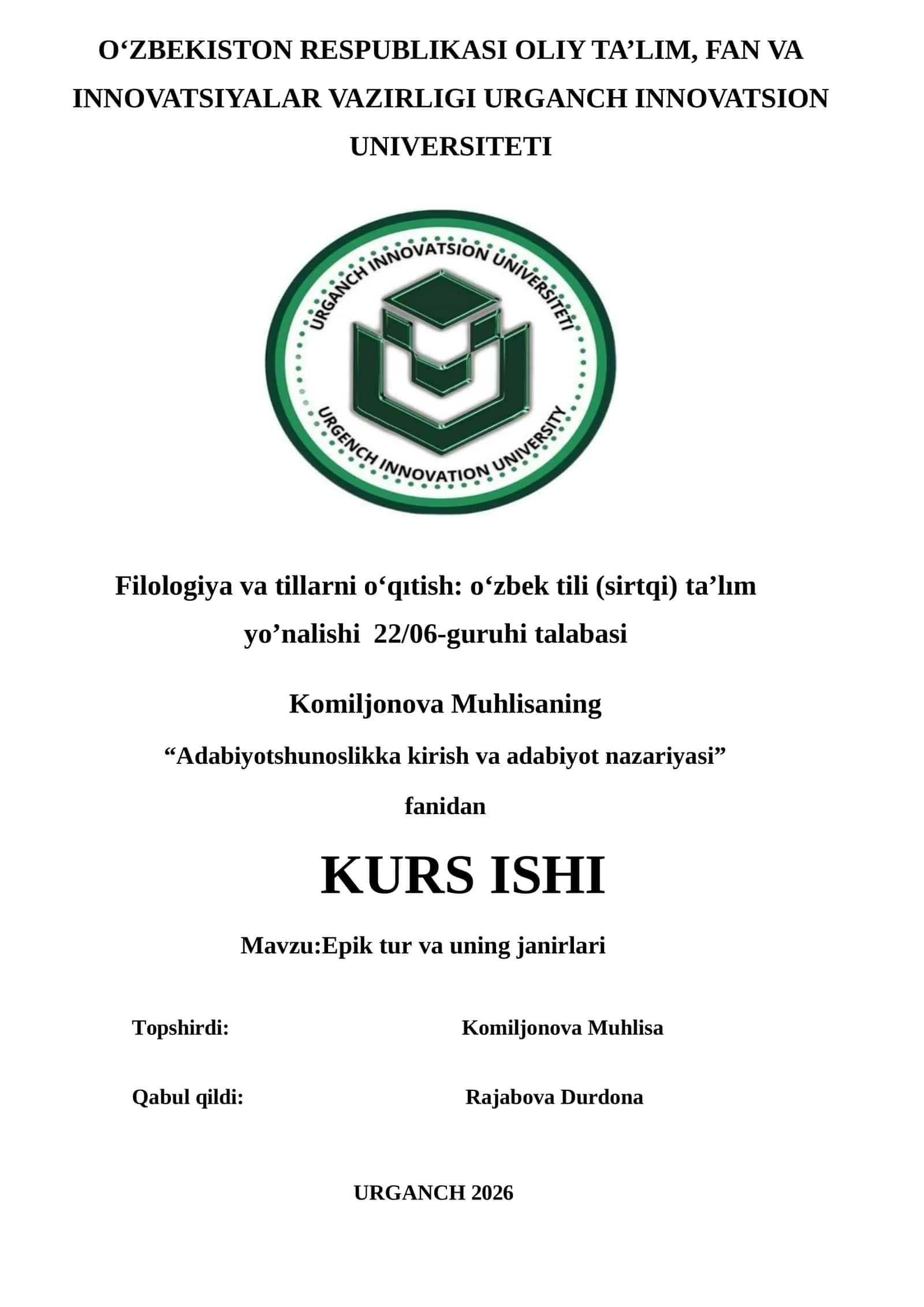Filologiya va tillarni o‘qıtish: o‘zbek tili (sirtqi) ta’lım yo’nalishi 22/06-guruhi talabasi 1