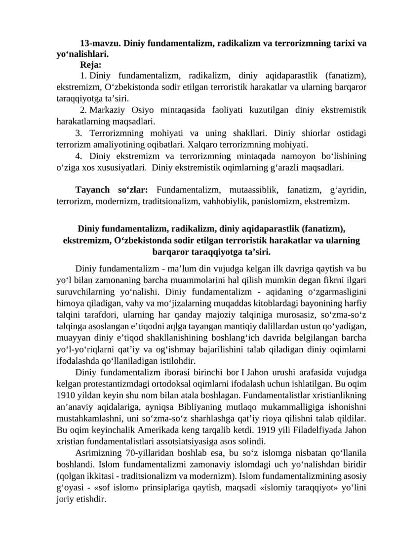Diniy fundamentalizm, radikalizm va terrorizmning tarixi va yo‘nalishlari 1