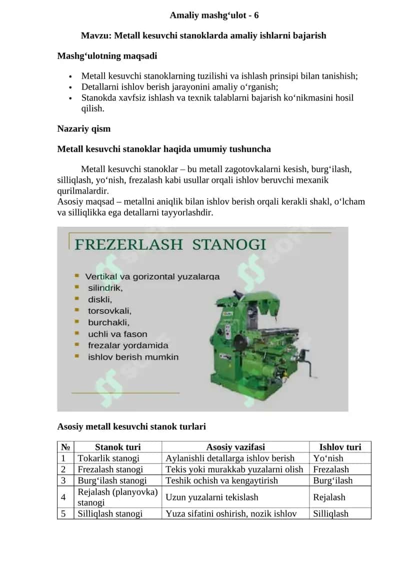 Metall kesuvchi stanoklarda amaliy ishlarni bajarish 1