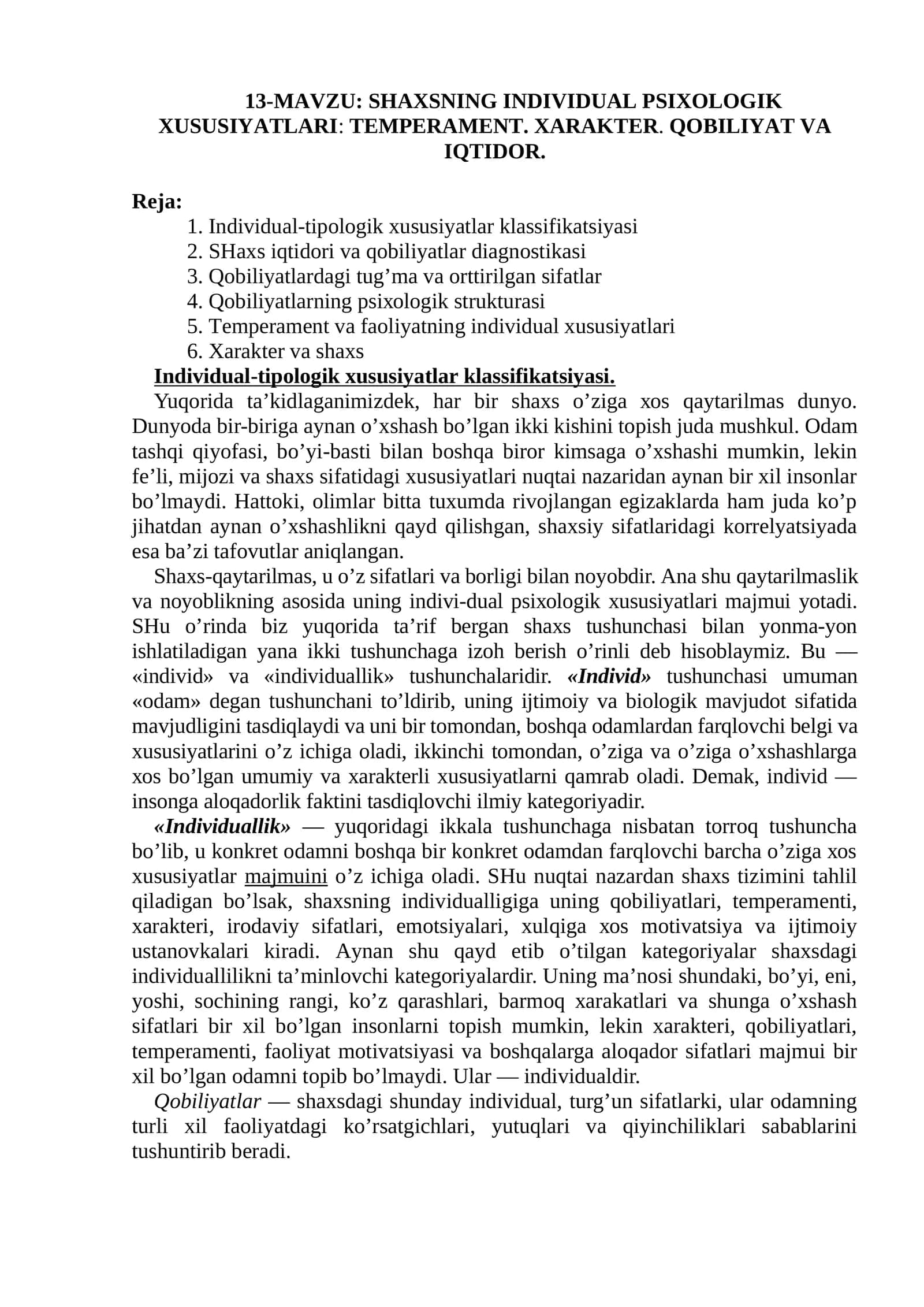 ShaxsnIng Individual Psixologik Xususiyatlari: Temperament. Xarakter. Qobiliyat va Iqtidor 1