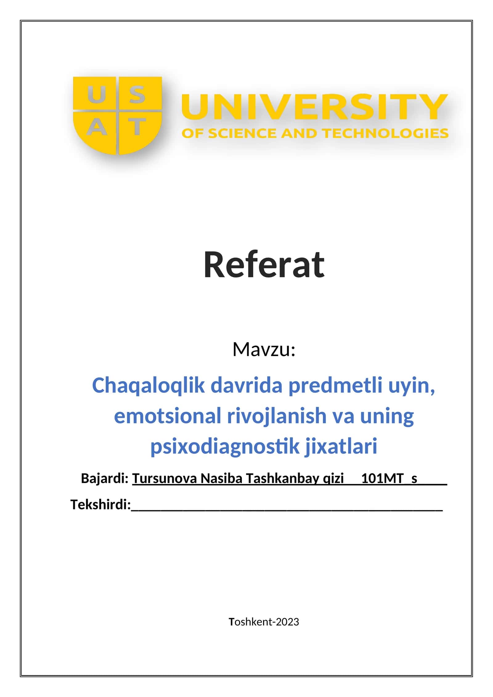 Chaqaloqlik davrida predmetli uyin, emotsional rivojlanish va uning psixodiagnostik jixatlari 1