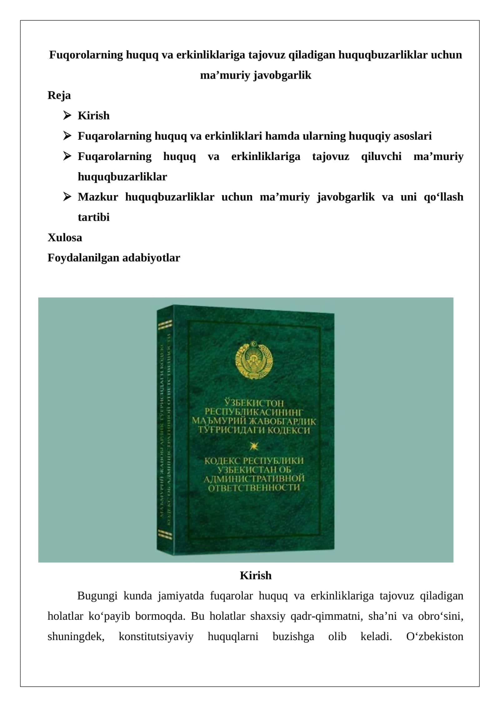 Fuqorolarning huquq va erkinliklariga tajovuz qiladigan huquqbuzarliklar uchun ma’muriy javobgarlik 1