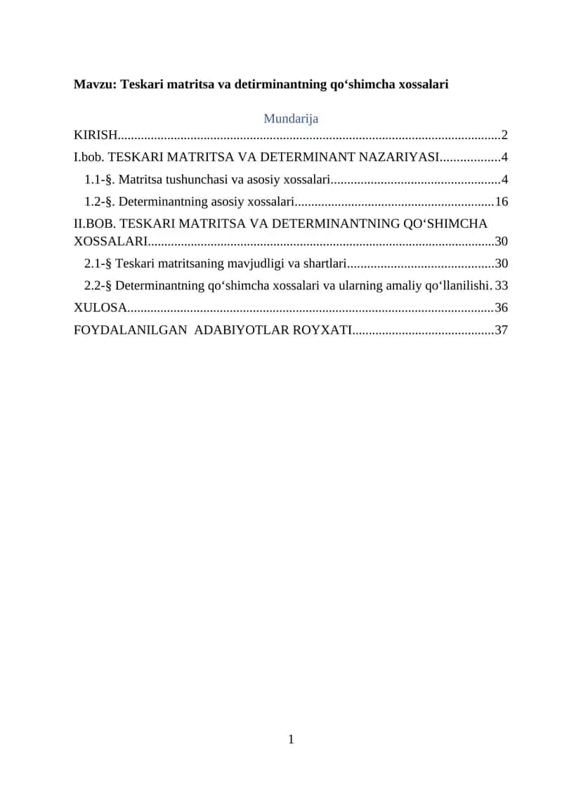 Teskari matritsa va detirminantning qoʻshimcha xossalari 1