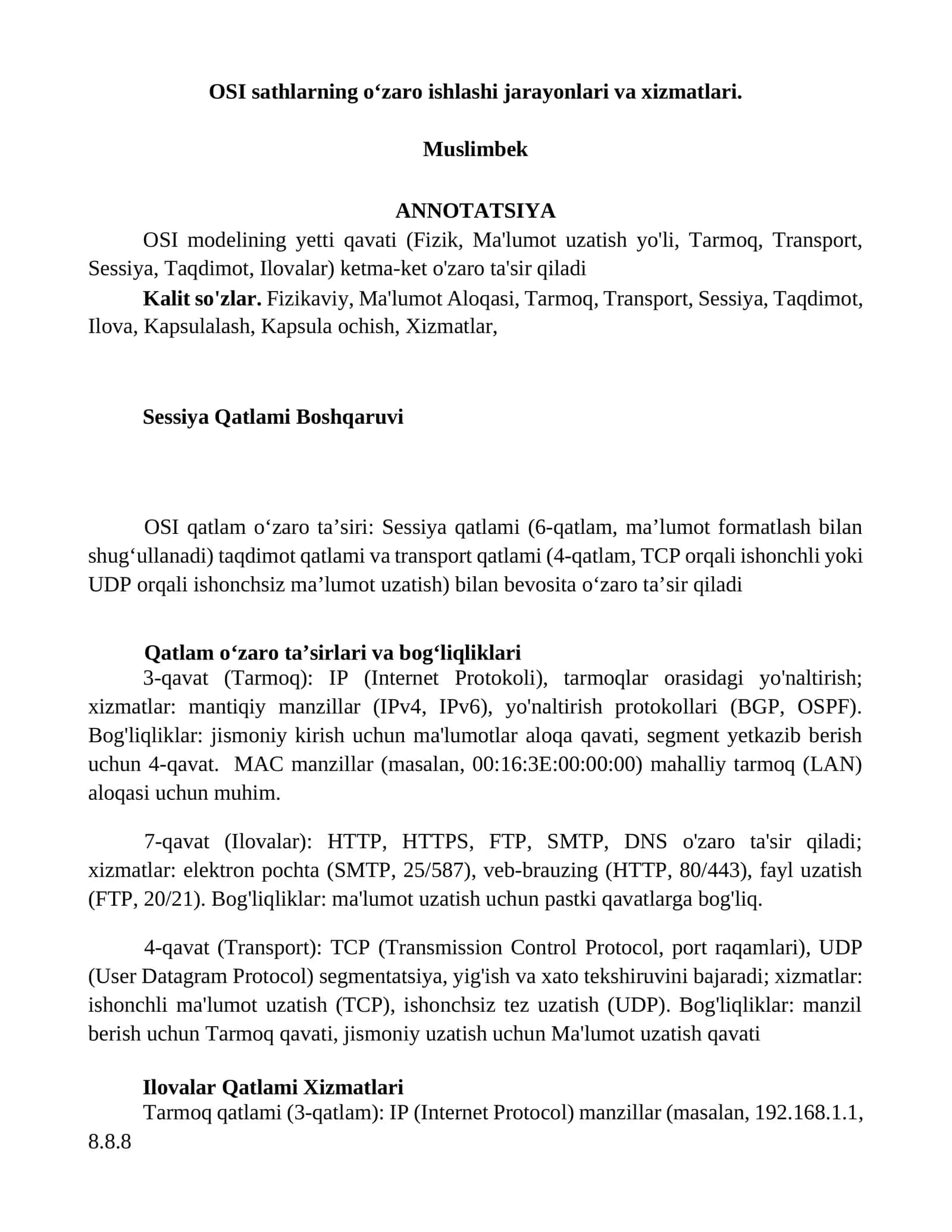 OSI sathlarning o‘zaro ishlashi jarayonlari va xizmatlari 1