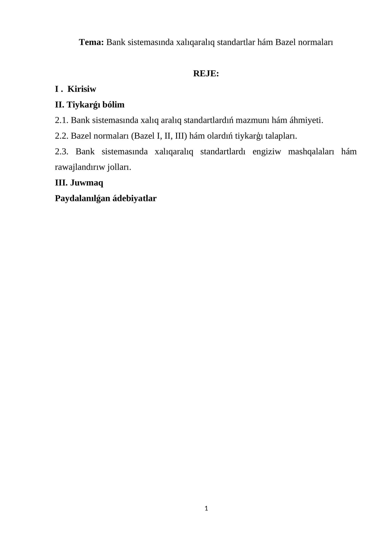 Bank sistemasında xalıqaralıq standartlar hám Bazel normaları 1