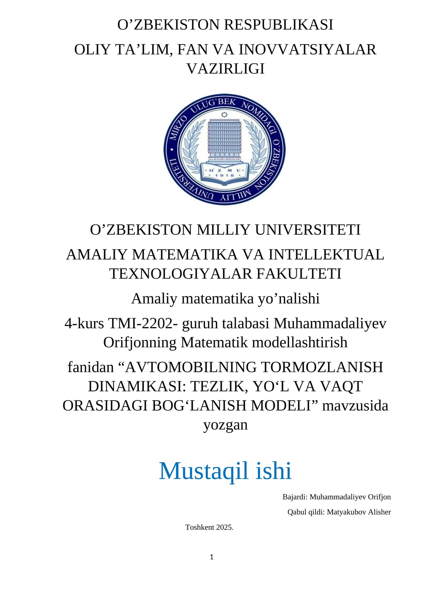 AVTOMOBILNING TORMOZLANISH DINAMIKASI: TEZLIK, YO‘L VA VAQT ORASIDAGI BOG‘LANISH MODELI 1