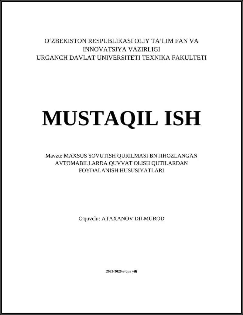 MAXSUS SOVUTISH QURILMASI BN JIHOZLANGAN AVTOMABILLARDA QUVVAT OLISH QUTILARDAN FOYDALANISH HUSUSIYATLARI 1