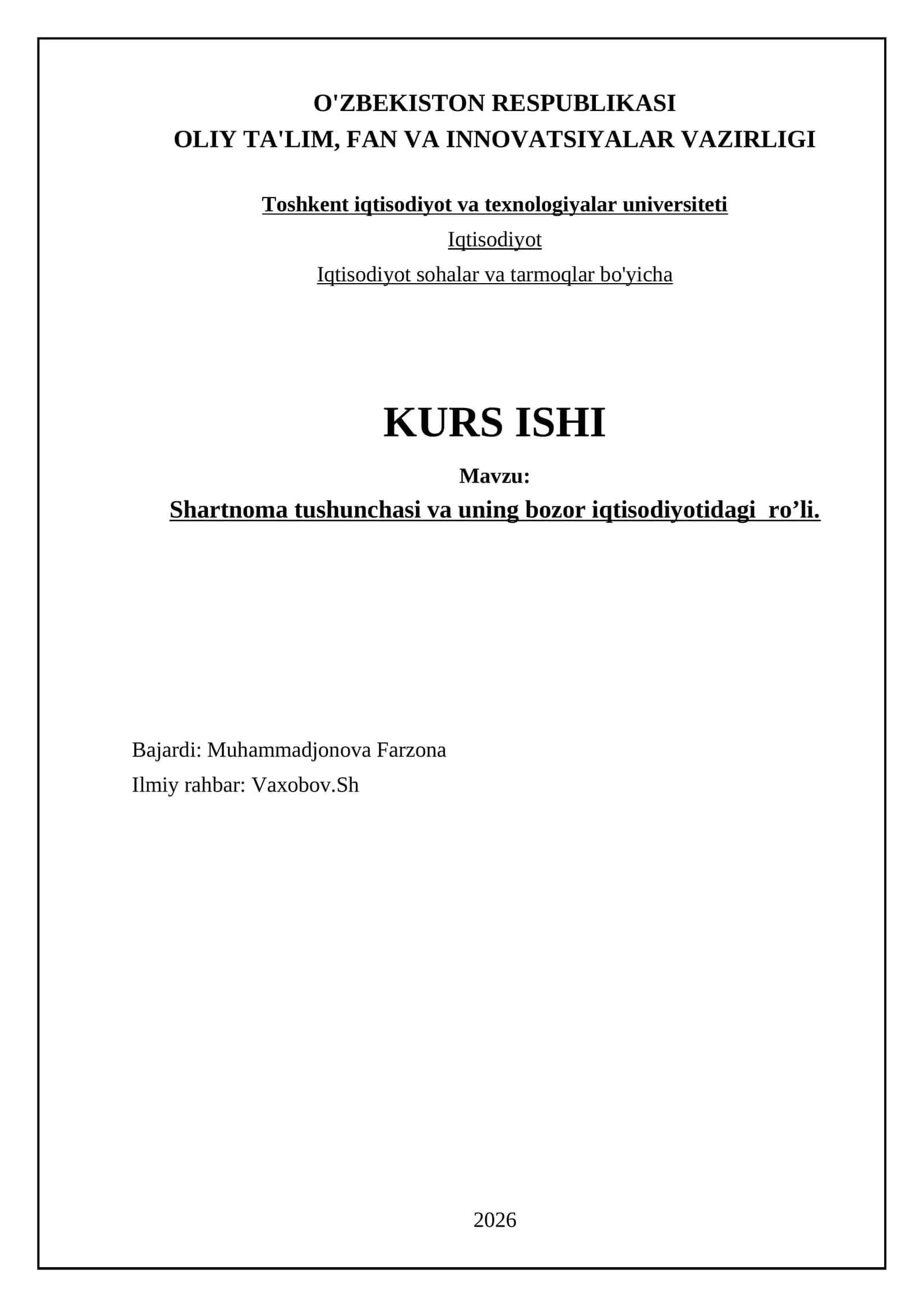 Shаrtnоmа tushunchаsi vа uning bozor iqtisodiyotidagi ro’li 1