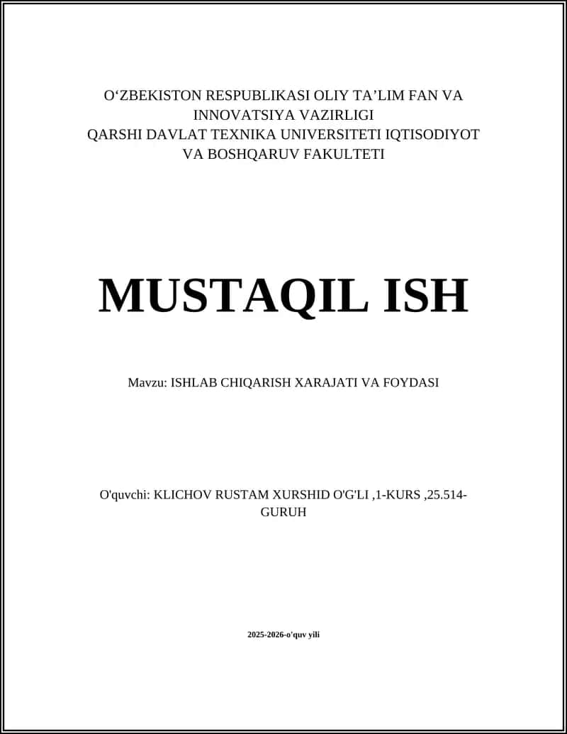ISHLAB CHIQARISH XARAJATI VA FOYDASI 1
