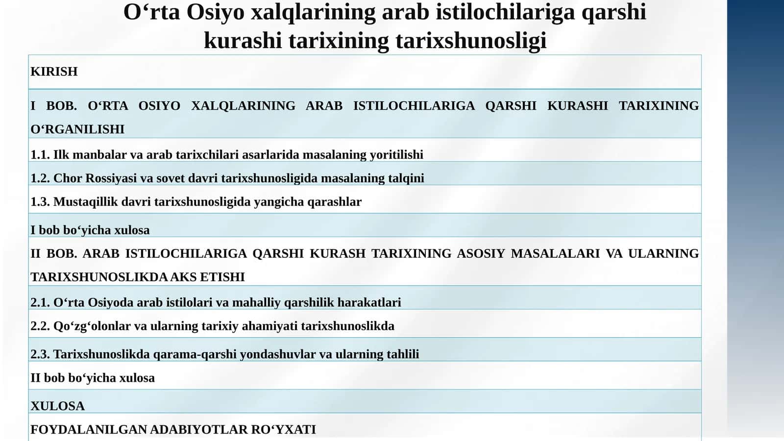 BOB. O‘RTA OSIYO XALQLARINING ARAB ISTILOCHILARIGA QARSHI KURASHI TARIXINING O‘RGANILISHI 1