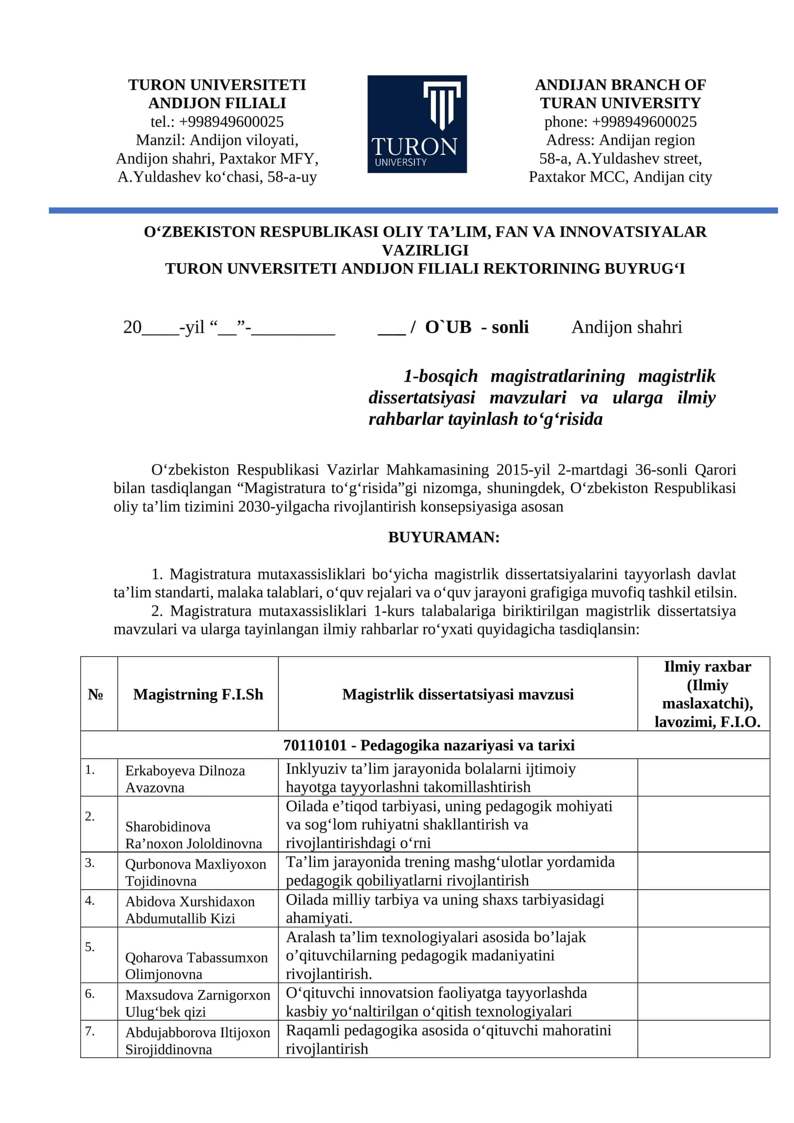 1-bosqich magistratlarining magistrlik dissertatsiyasi mavzulari va ularga ilmiy rahbarlar tayinlash to‘g‘risida 1