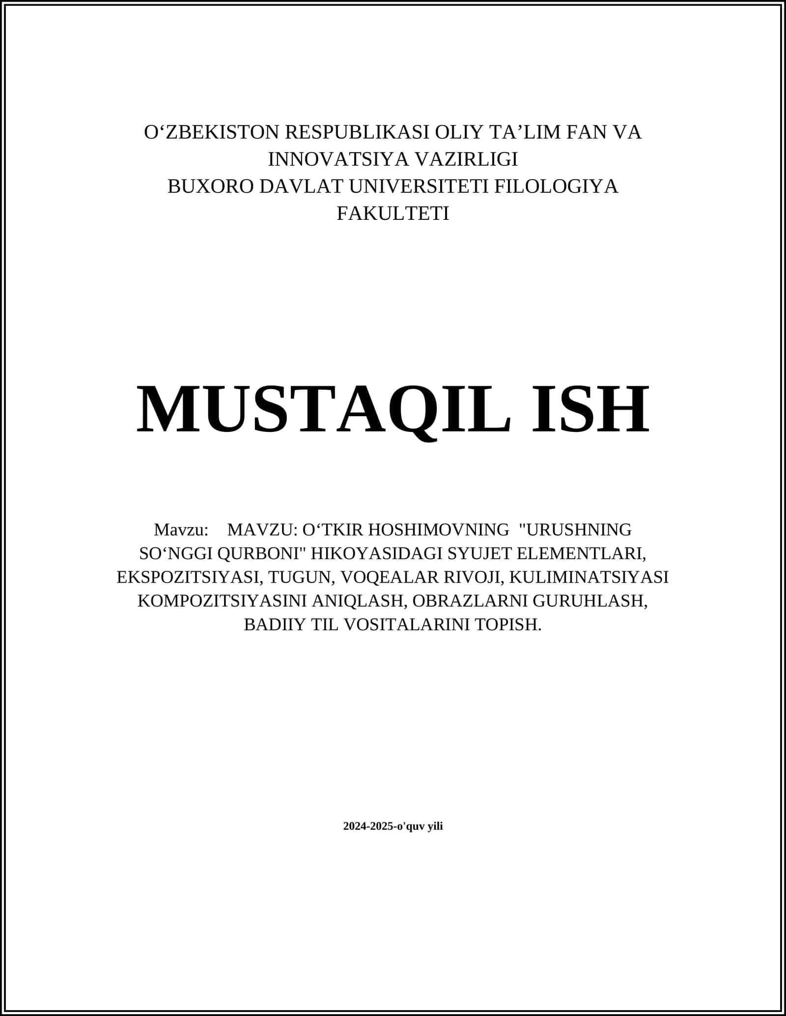 "URUSHNING SOʻNGGI QURBONI" HIKOYASIDAGI SYUJET ELEMENTLARI 1