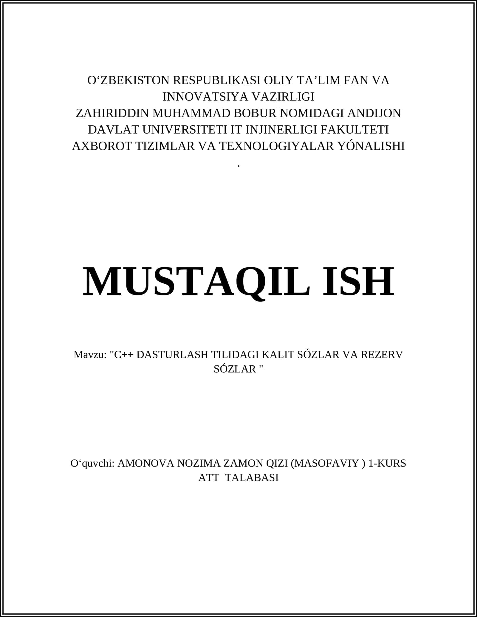 C++ DASTURLASH TILIDAGI KALIT SÓZLAR VA REZERV SÓZLAR 1