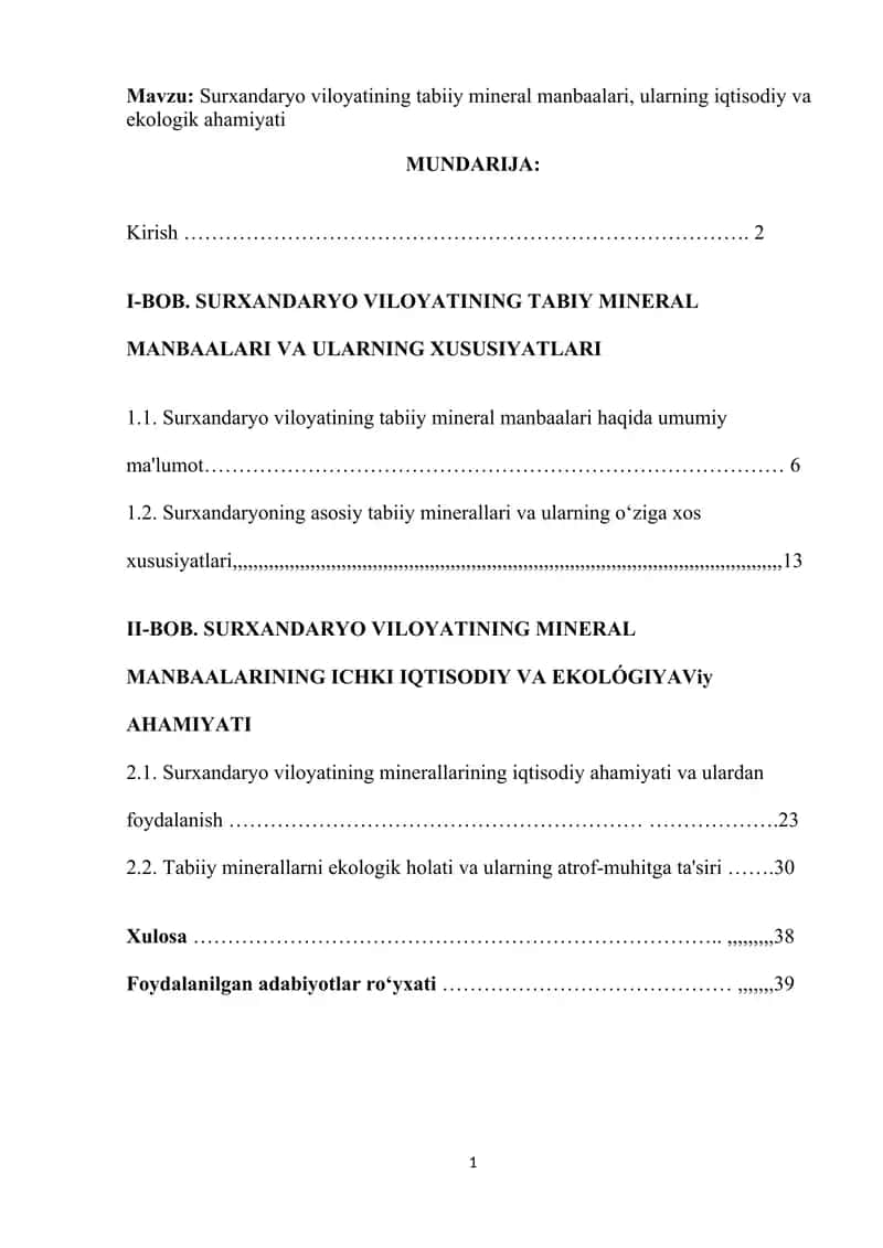 Surxandaryo viloyatining tabiiy mineral manbaalari, ularning iqtisodiy va ekologik ahamiyati kurs ishi 1