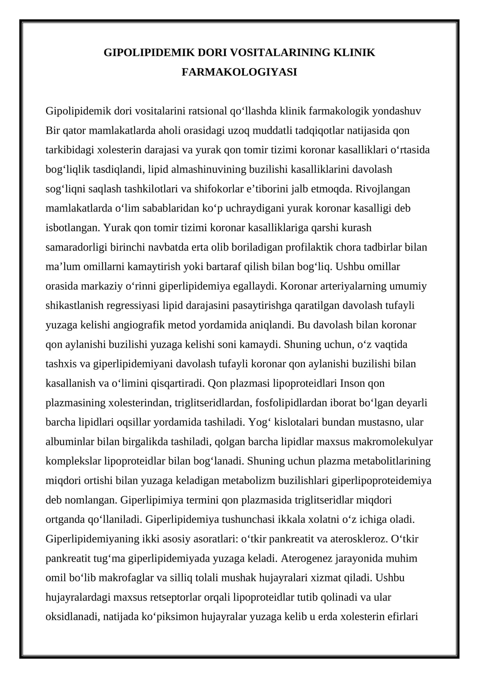 GIPOLIPIDEMIK DORI VOSITALARINING KLINIK FARMAKOLOGIYASI 1