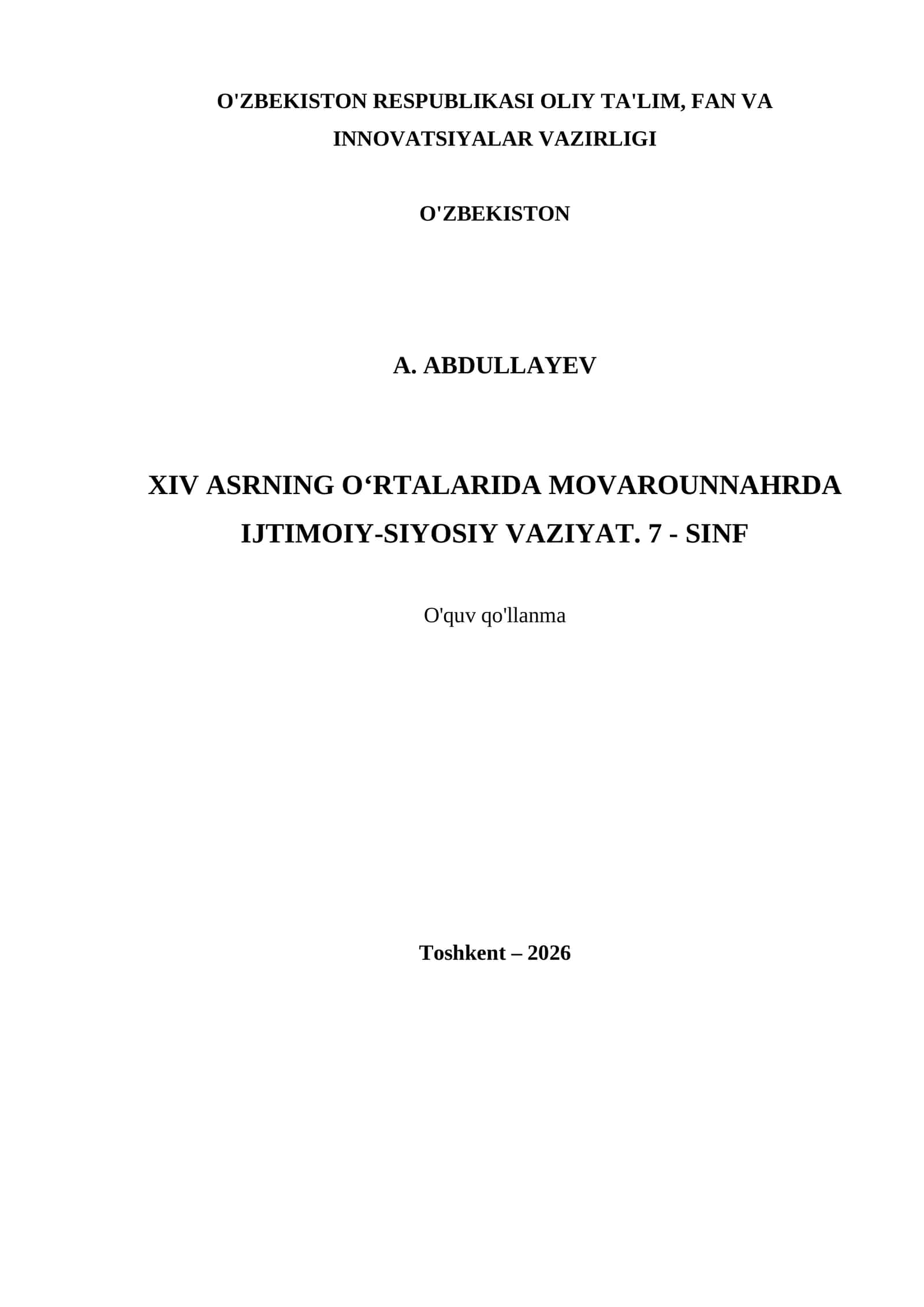 XIV ASRNING O‘RTALARIDA MOVAROUNNAHRDA IJTIMOIY-SIYOSIY VAZIYAT. 7 - SINF 1