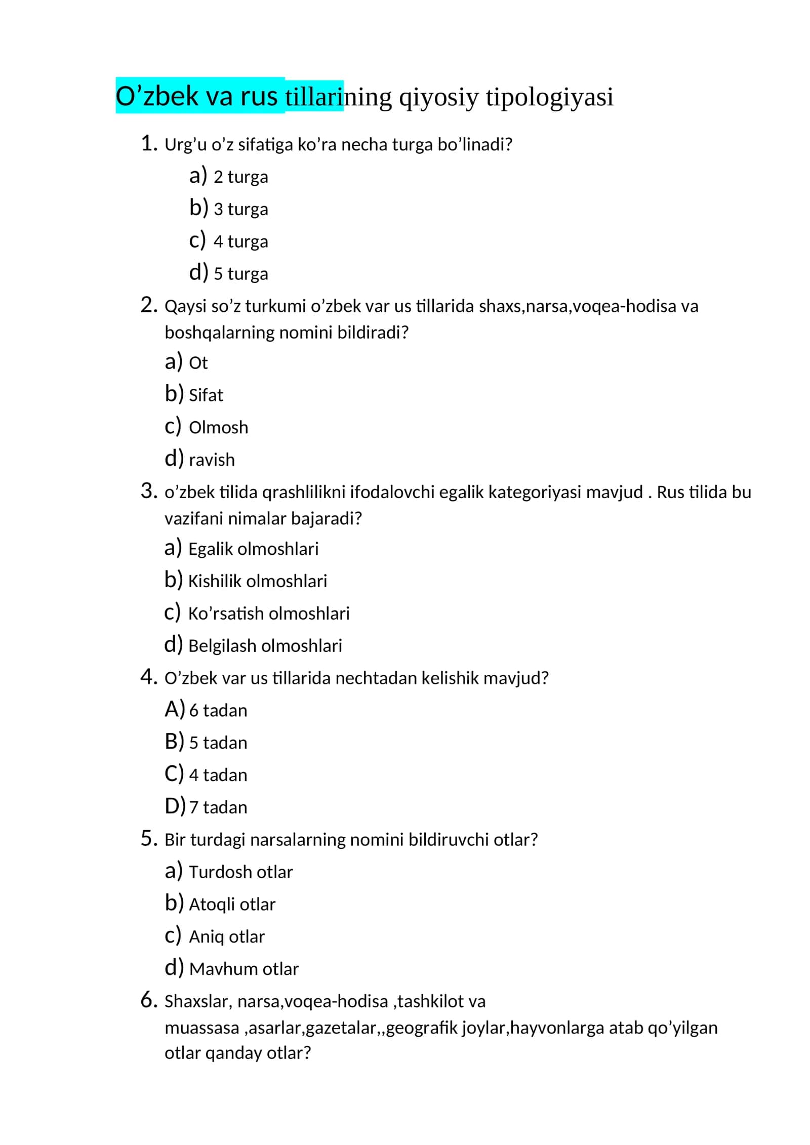 O’zbek va rus tillarining qiyosiy tipologiyasi 1